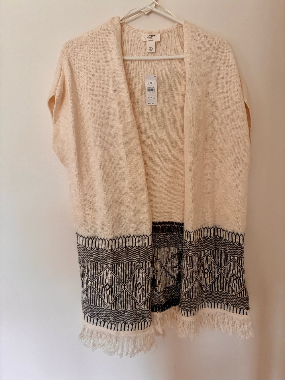 LOFT Cream Open-Front Fringe Cardigan with Grey Geometric Border